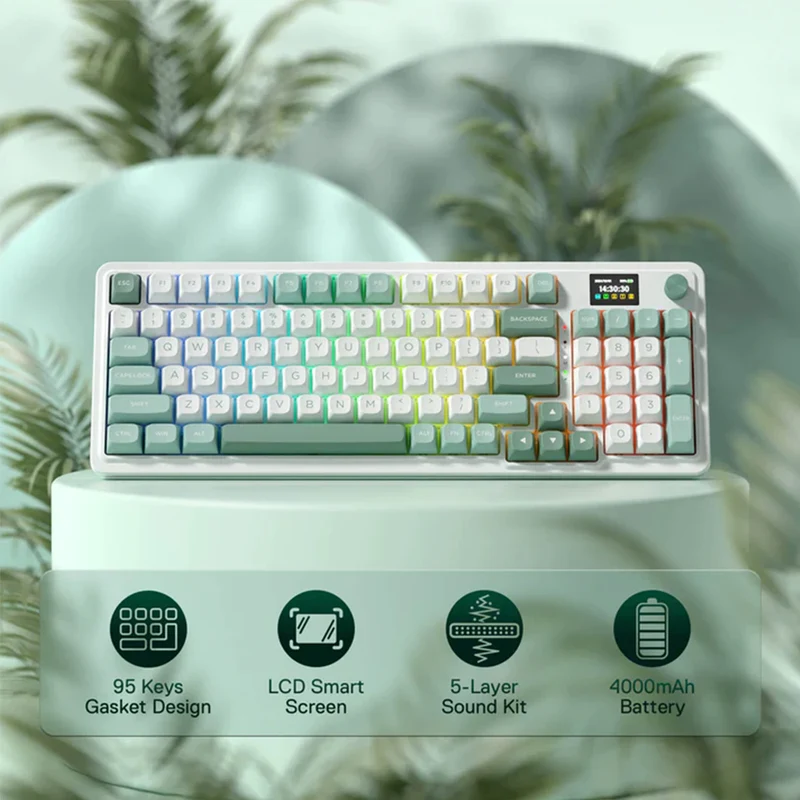 Redragon K719 Galatin Pro RGB Tri-Mode with LCD Screen Gasket Mounted Mechanical Keyboard (Linear Mint Mambo Switch) (White/Green)