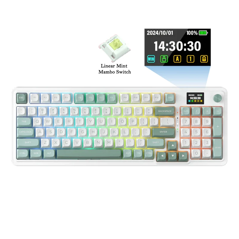 Redragon K719 Galatin Pro RGB Tri-Mode with LCD Screen Gasket Mounted Mechanical Keyboard (Linear Mint Mambo Switch) (White/Green)