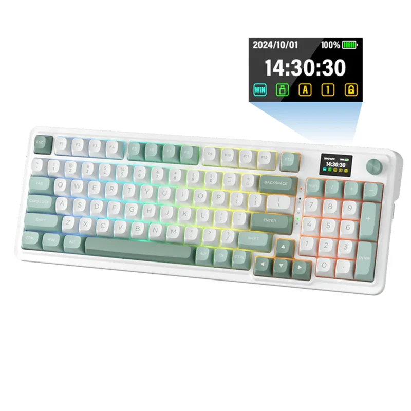 Redragon K719 Galatin Pro RGB Tri-Mode with LCD Screen Gasket Mounted Mechanical Keyboard (Linear Mint Mambo Switch) (White/Green)