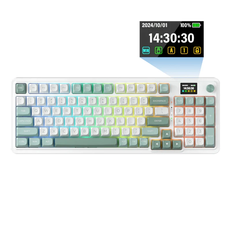 Redragon K719 Galatin Pro RGB Tri-Mode with LCD Screen Gasket Mounted Mechanical Keyboard (Linear Mint Mambo Switch) (White/Green)