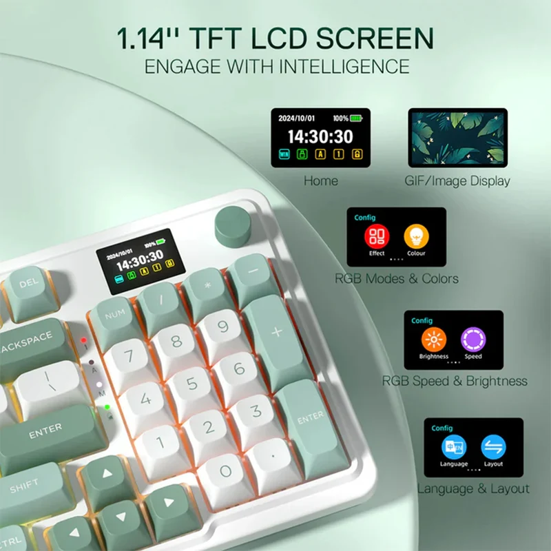 Redragon K719 Galatin Pro RGB Tri-Mode with LCD Screen Gasket Mounted Mechanical Keyboard (Linear Mint Mambo Switch) (White/Green)