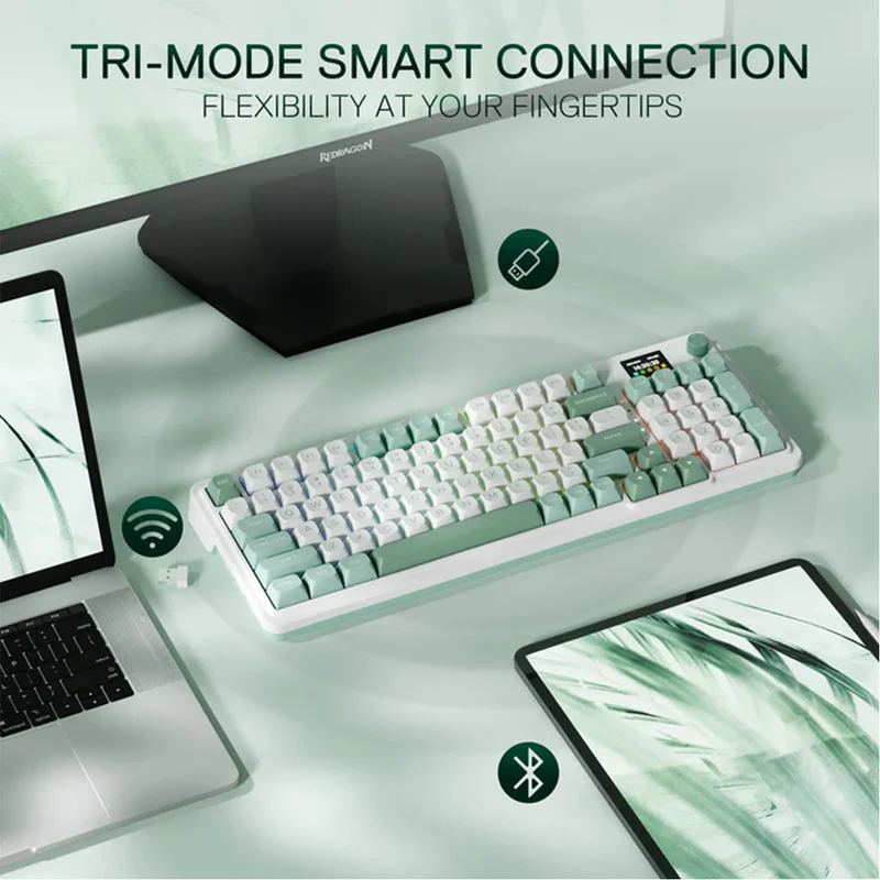 Redragon K719 Galatin Pro RGB Tri-Mode with LCD Screen Gasket Mounted Mechanical Keyboard (Linear Mint Mambo Switch) (White/Green)