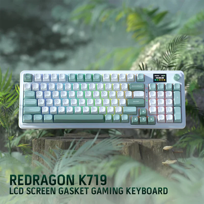 Redragon K719 Galatin Pro RGB Tri-Mode with LCD Screen Gasket Mounted Mechanical Keyboard (Linear Mint Mambo Switch) (White/Green)