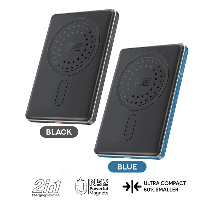 Promate Blade-5 USB-C 5000mAh Ultra-Slim Aluminum Crafted MagSafe Compatible Wireless Charging PowerBank (Black, Blue)
