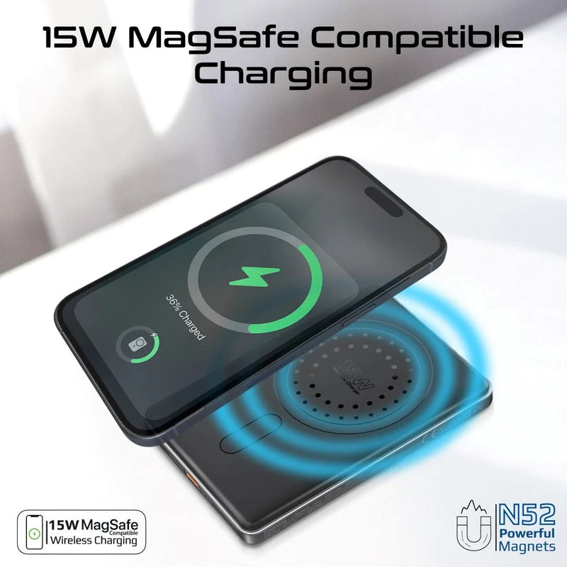 Promate Blade-5 USB-C 5000mAh Ultra-Slim Aluminum Crafted MagSafe Compatible Wireless Charging PowerBank (Black, Blue)