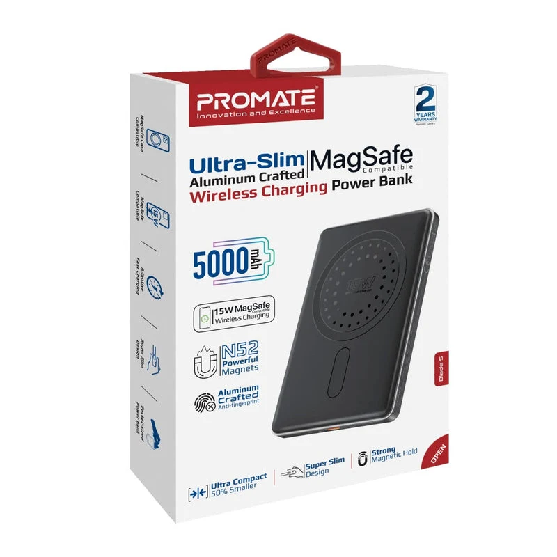 Promate Blade-5 USB-C 5000mAh Ultra-Slim Aluminum Crafted MagSafe Compatible Wireless Charging PowerBank (Black, Blue)