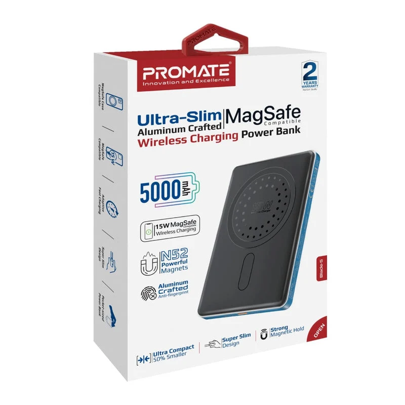 Promate Blade-5 USB-C 5000mAh Ultra-Slim Aluminum Crafted MagSafe Compatible Wireless Charging PowerBank (Black, Blue)