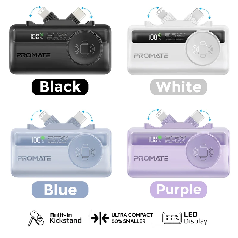 Promate PowerUp-Trio 5000Mah 20W Ultra-Compact Fast Charging Power Bank with In-built USB-C, Lightning Connectors & Apple Watch Charger (Black, White, Blue, Purple)