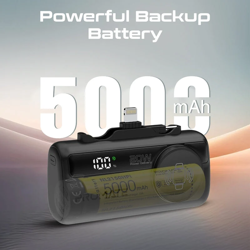 Promate PowerUp-Trio 5000Mah 20W Ultra-Compact Fast Charging Power Bank with In-built USB-C, Lightning Connectors & Apple Watch Charger (Black, White, Blue, Purple)