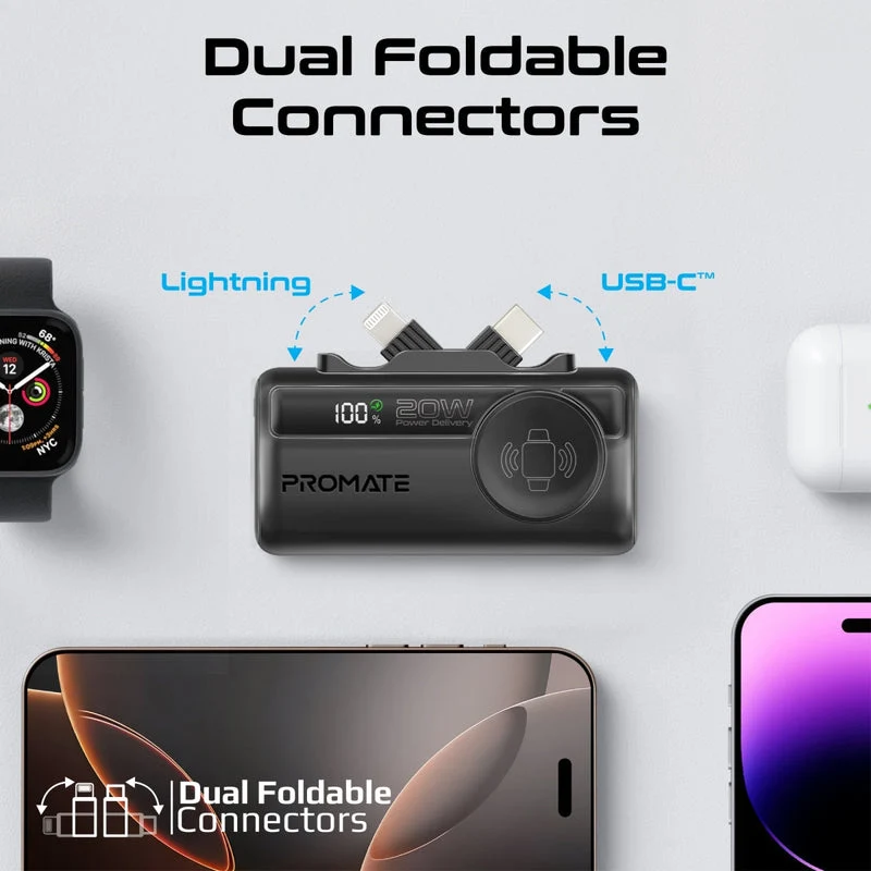 Promate PowerUp-Trio 5000Mah 20W Ultra-Compact Fast Charging Power Bank with In-built USB-C, Lightning Connectors & Apple Watch Charger (Black, White, Blue, Purple)