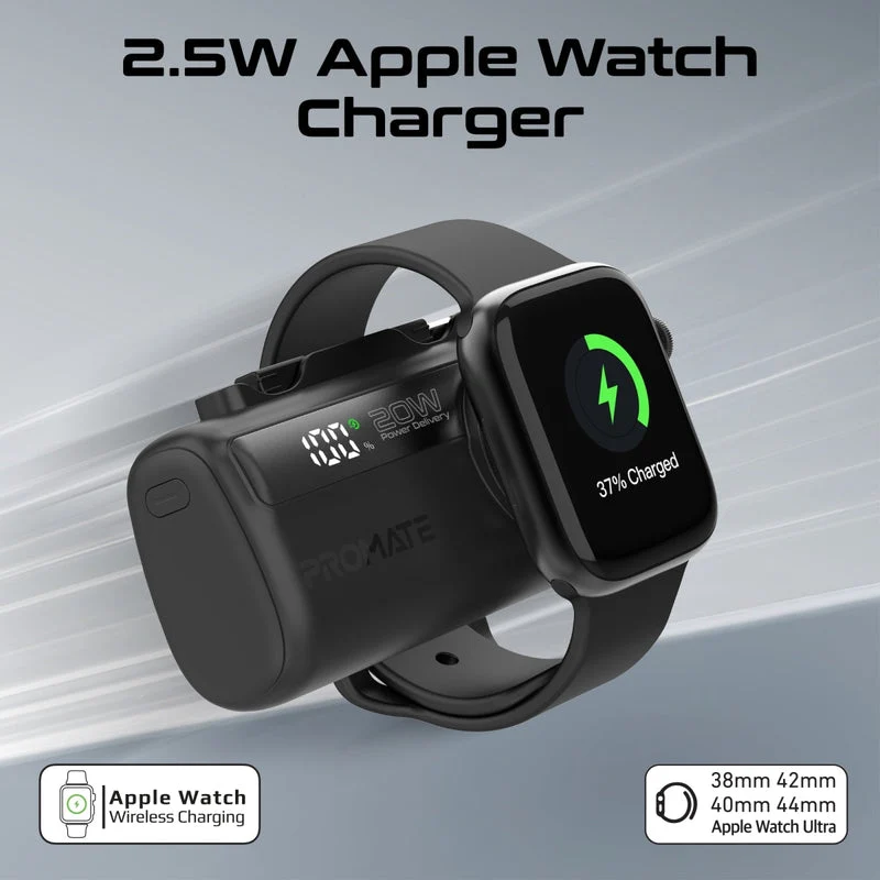 Promate PowerUp-Trio 5000Mah 20W Ultra-Compact Fast Charging Power Bank with In-built USB-C, Lightning Connectors & Apple Watch Charger (Black, White, Blue, Purple)