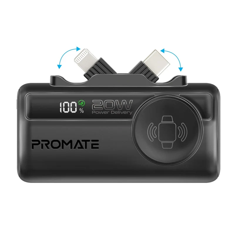Promate PowerUp-Trio 5000Mah 20W Ultra-Compact Fast Charging Power Bank with In-built USB-C, Lightning Connectors & Apple Watch Charger (Black, White, Blue, Purple)