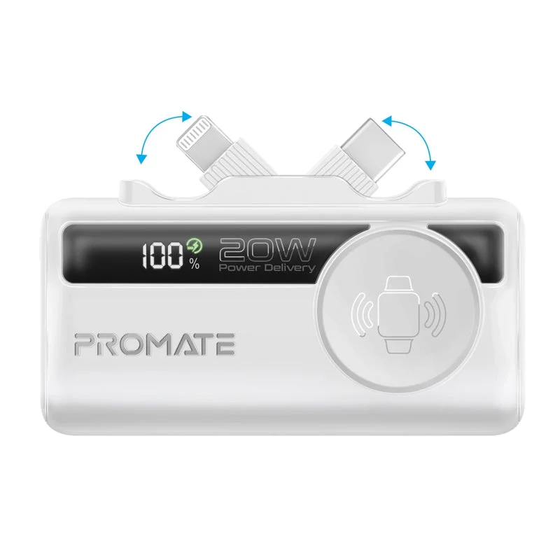 Promate PowerUp-Trio 5000Mah 20W Ultra-Compact Fast Charging Power Bank with In-built USB-C, Lightning Connectors & Apple Watch Charger (Black, White, Blue, Purple)