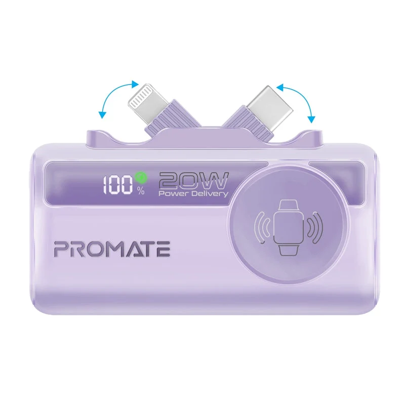 Promate PowerUp-Trio 5000Mah 20W Ultra-Compact Fast Charging Power Bank with In-built USB-C, Lightning Connectors & Apple Watch Charger (Black, White, Blue, Purple)