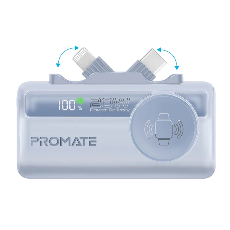 Promate PowerUp-Trio 5000Mah 20W Ultra-Compact Fast Charging Power Bank with In-built USB-C, Lightning Connectors & Apple Watch Charger (Black, White, Blue, Purple)