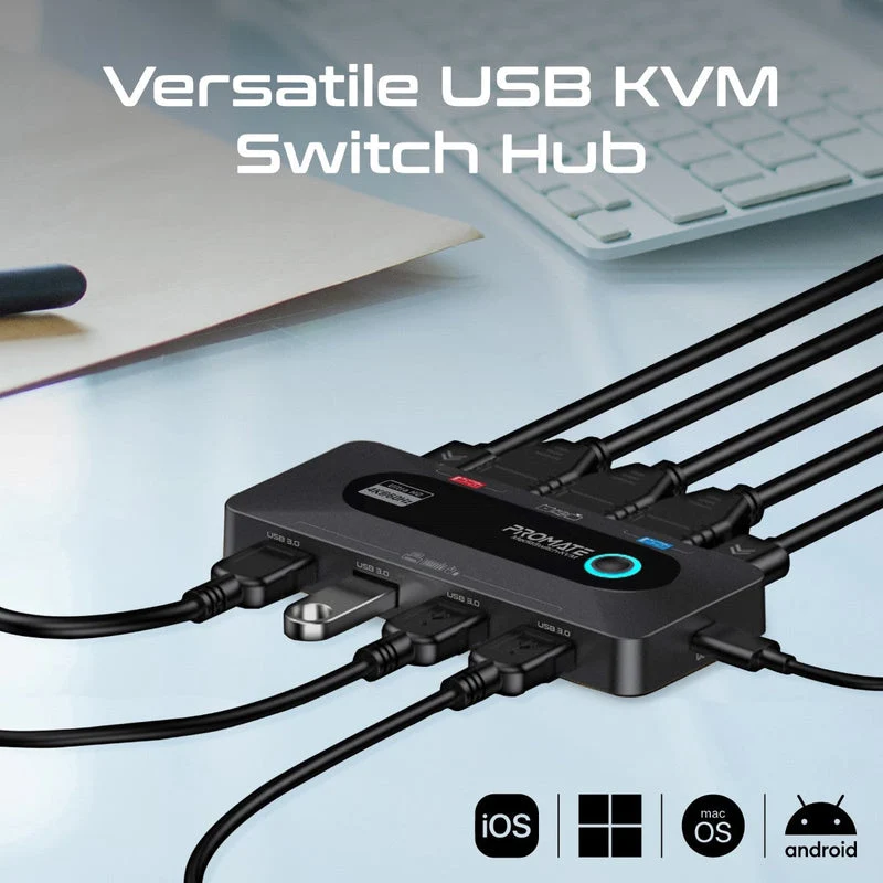 Promate MediaSwitch-KVM 4K at 60Hz KVM Switch with USB 3.0 Expansion