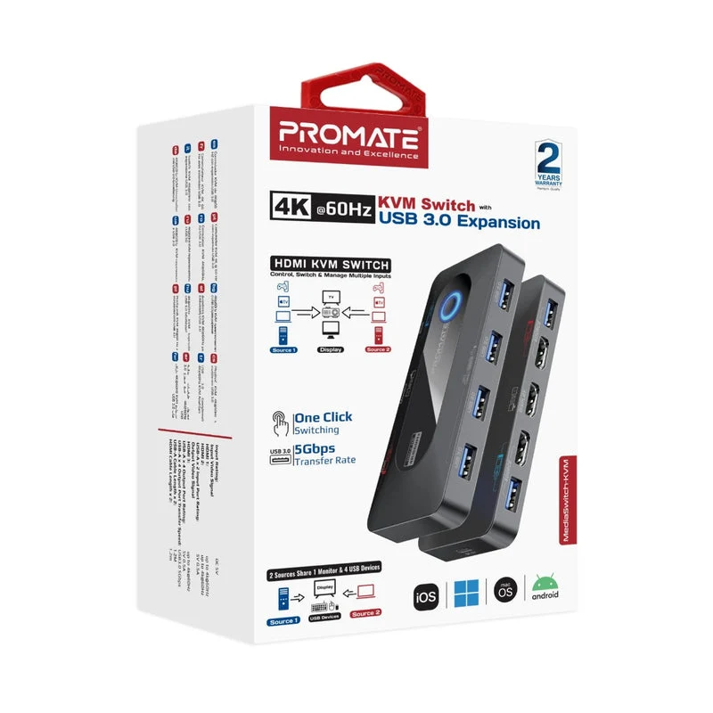 Promate MediaSwitch-KVM 4K at 60Hz KVM Switch with USB 3.0 Expansion