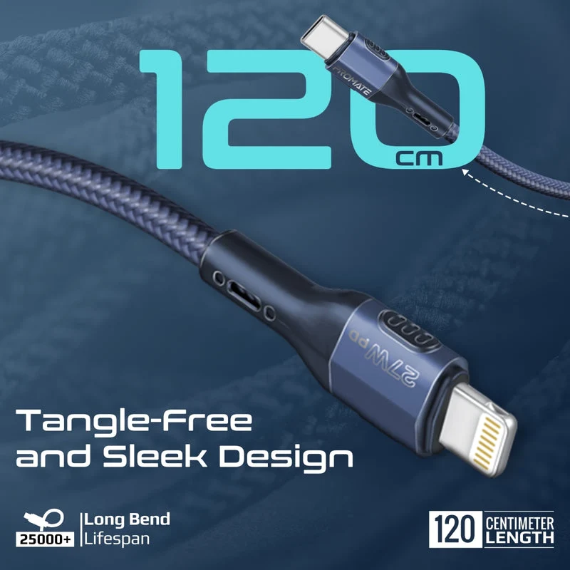 Promate FletchLink-Ci Tough-Built 27W Power Delivery 120cm USB-C to Lightning Cable (Blue, Grey)