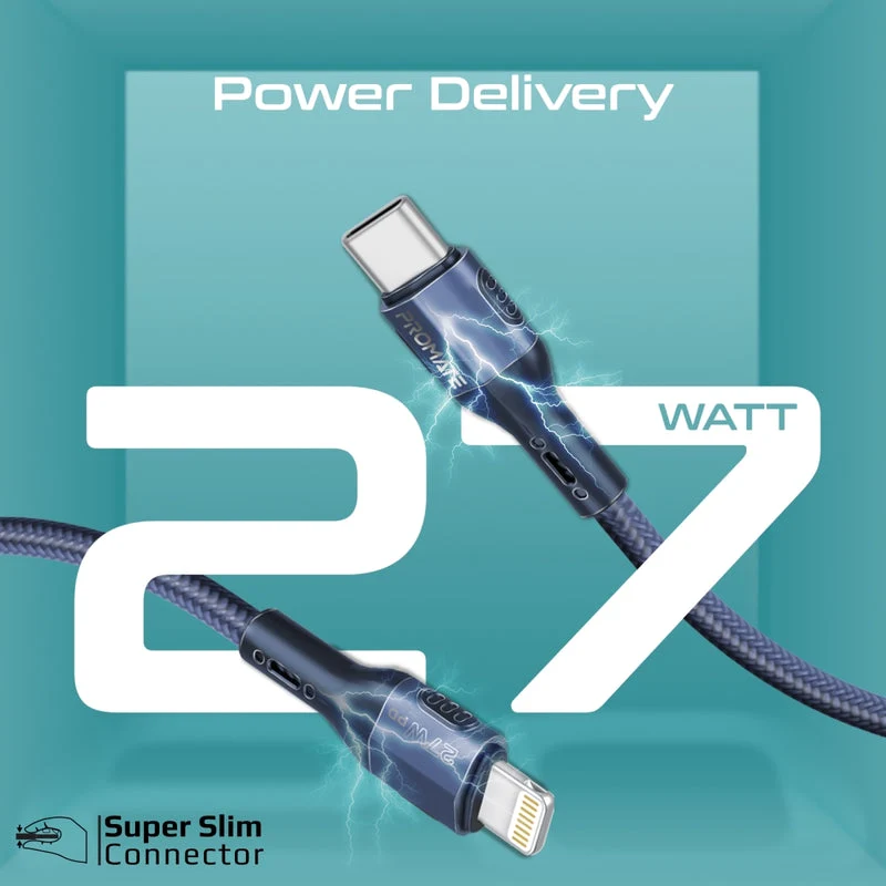 Promate FletchLink-Ci Tough-Built 27W Power Delivery 120cm USB-C to Lightning Cable (Blue, Grey)