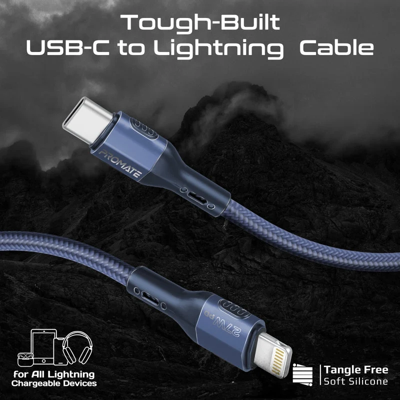 Promate FletchLink-Ci Tough-Built 27W Power Delivery 120cm USB-C to Lightning Cable (Blue, Grey)