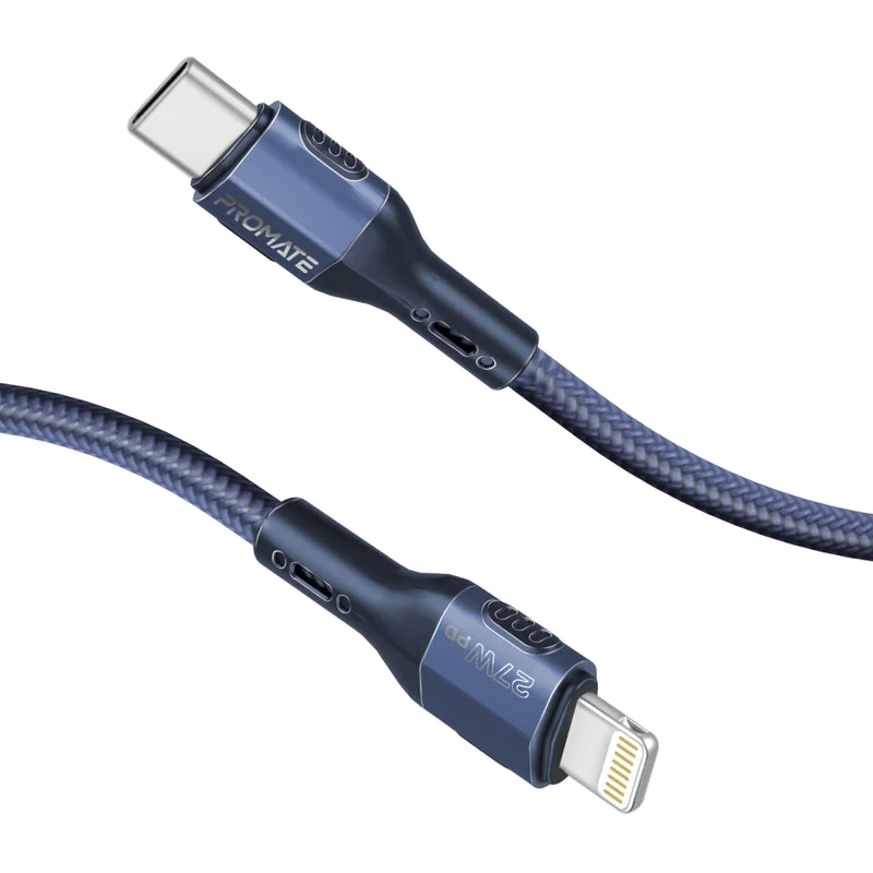 Promate FletchLink-Ci Tough-Built 27W Power Delivery 120cm USB-C to Lightning Cable (Blue, Grey)