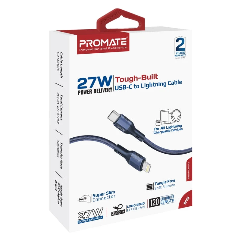 Promate FletchLink-Ci Tough-Built 27W Power Delivery 120cm USB-C to Lightning Cable (Blue, Grey)