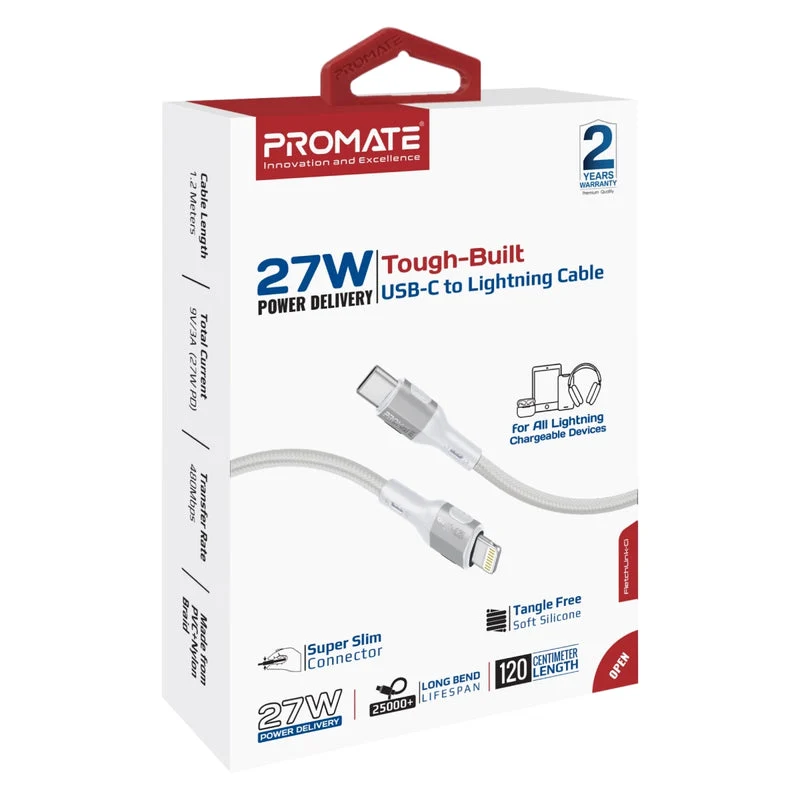 Promate FletchLink-Ci Tough-Built 27W Power Delivery 120cm USB-C to Lightning Cable (Blue, Grey)