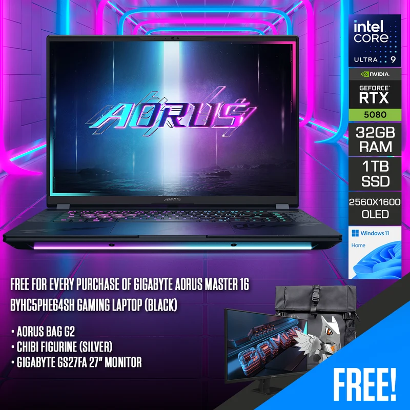 Gigabyte Aorus Master 16 BYHC5PHE64SH Gaming Laptop (Black) | 16" QHD+ (2560x1600) 240Hz OLED | Ultra 9 275HX | 32GB RAM | 1TB SSD | RTX 5080 | Windows 11 Home | Aorus Bag G2 + Chibi Figurine (Silver) + Gigabyte GS27FA 27" Monitor