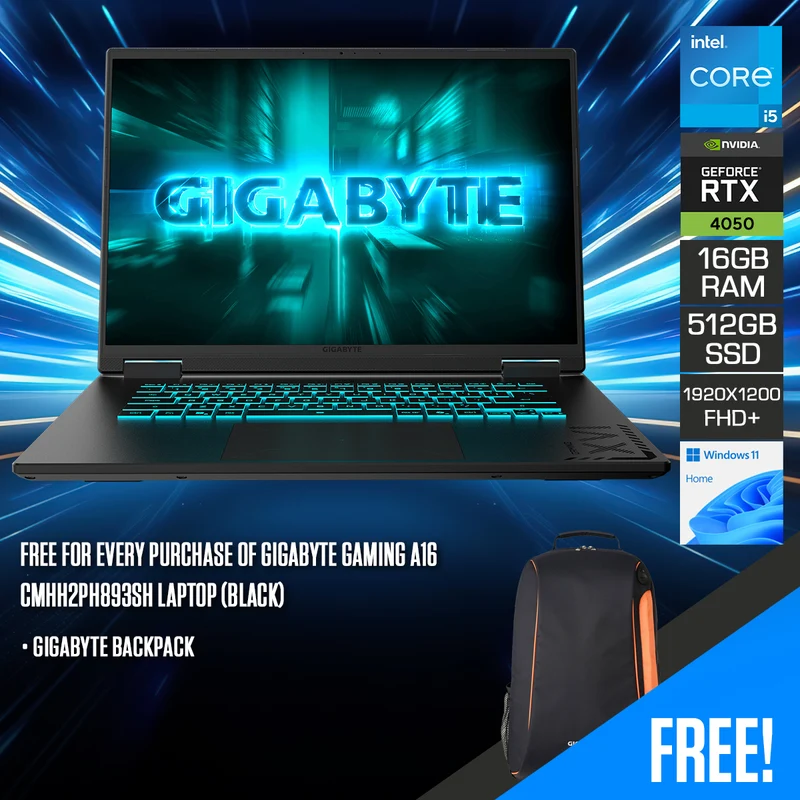 Gigabyte Gaming A16 CMHH2PH893SH Laptop (Black) | 16" FHD+ (1920x1200) 165Hz | i5-13420H | 16GB RAM | 512GB SSD | RTX 4050 | Windows 11 Home | Gigabyte Backpack