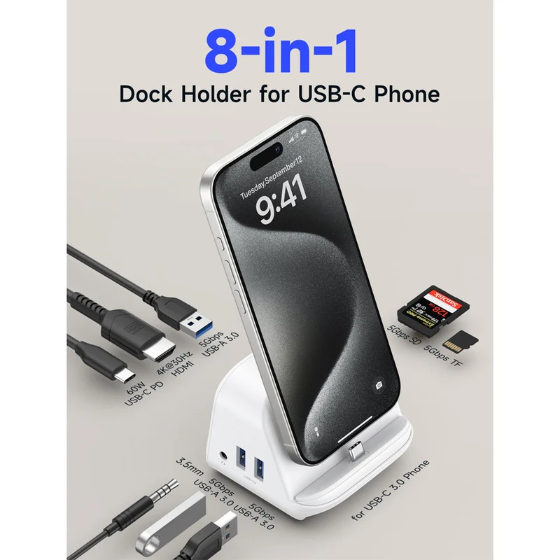 JSAUX USB-C 8-in-1 Docking Station with Phone Holder (White) (HB0802)