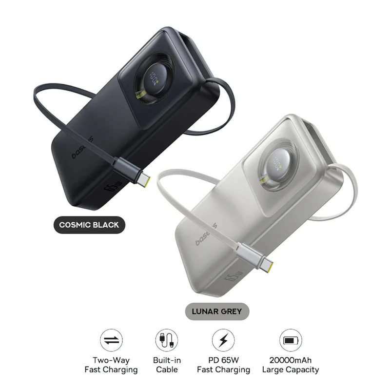 Baseus Free2Pull Power Bank 20000mAh 65W with Retractable USB-C Cable (Cluster Black, Lunar Grey)