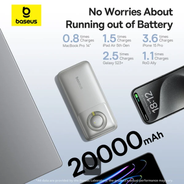 Baseus Free2Pull Power Bank 20000mAh 65W with Retractable USB-C Cable (Cluster Black, Lunar Grey)