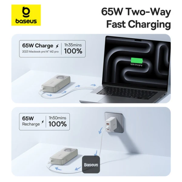 Baseus Free2Pull Power Bank 20000mAh 65W with Retractable USB-C Cable (Cluster Black, Lunar Grey)