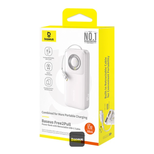 Baseus Free2Pull Power Bank 20000mAh 65W with Retractable USB-C Cable (Cluster Black, Lunar Grey)