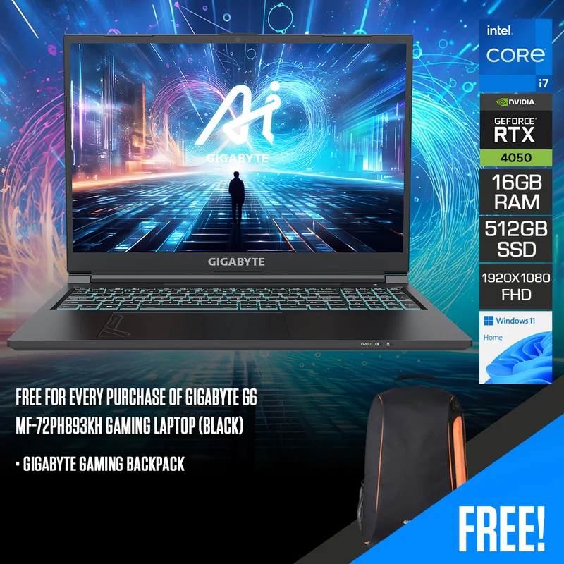 Gigabyte G6 MF-72PH893KH Gaming Laptop (Black) | 16" FHD (1920x1080) 165Hz IPS | i7-13700H | 16GB RAM | 512GB SSD | RTX 4050 6GB | Windows 11 Home | Gigabyte Gaming Backpack