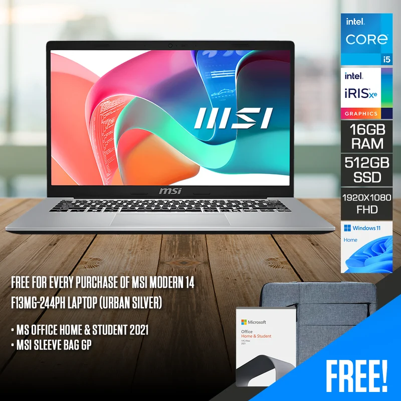 MSI Modern 14 F13MG-244PH Laptop (Urban Silver) | 14" FHD (1920x1080) | i5-1334U | 16GB RAM | 512GB SSD | Intel Iris Xe Graphics | Windows 11 Home | MS Office Home & Student 2021 + MSI Sleeve Bag GP