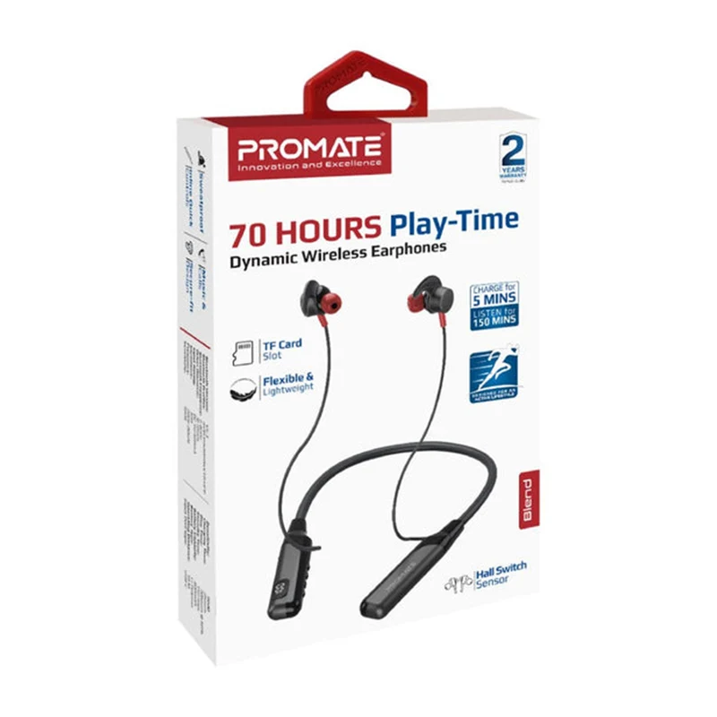 Promate Blend High-Definition Dynamic Wireless Neckband Earphones with TF Card Slot (Black)