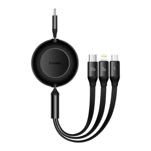 Baseus Bright Mirror 2 Series Retractable Cable 100W 3-Port Fast Charging Data Cable USB-C to USB-C + Lightning + Micro 1.1m (Black) (CAMJ010201)