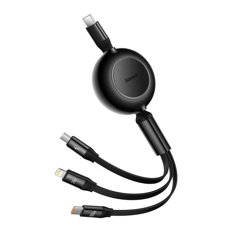 Baseus Bright Mirror 2 Series Retractable Cable 100W 3-Port Fast Charging Data Cable USB-C to USB-C + Lightning + Micro 1.1m (Black) (CAMJ010201)