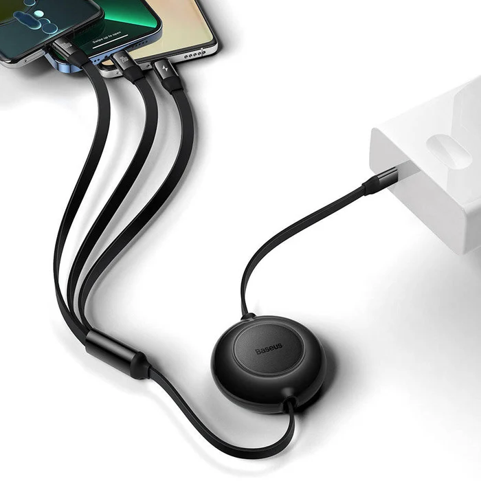 Baseus Bright Mirror 2 Series Retractable Cable 100W 3-Port Fast Charging Data Cable USB-C to USB-C + Lightning + Micro 1.1m (Black) (CAMJ010201)