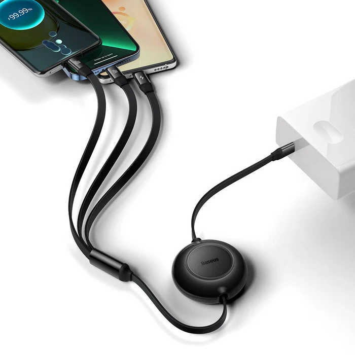 Baseus Bright Mirror 2 Series Retractable Cable 100W 3-Port Fast Charging Data Cable USB-C to USB-C + Lightning + Micro 1.1m (Black) (CAMJ010201)