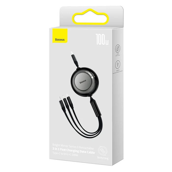 Baseus Bright Mirror 2 Series Retractable Cable 100W 3-Port Fast Charging Data Cable USB-C to USB-C + Lightning + Micro 1.1m (Black) (CAMJ010201)