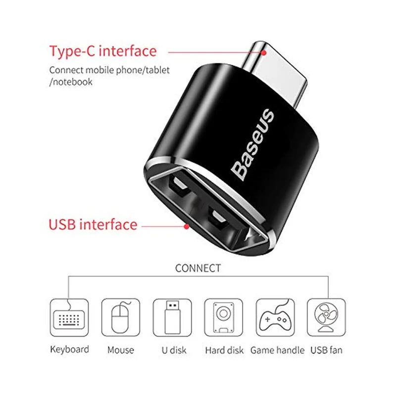 Baseus Mini USB Female to Type-C Male Adapter Converter (Black) (CATOTG-01)