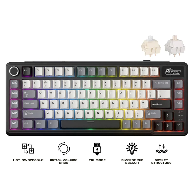 Royal Kludge RK L75 Tri-Mode RGB 85 Keys Hot-Swappable Mechanical Keyboard Knight Black (Cream Switch, Beige Switch)