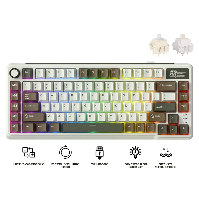 Royal Kludge RK L75 Tri-Mode RGB 85 Keys Hot-Swappable Mechanical Keyboard Palm Green (Cream Switch, Beige Switch)