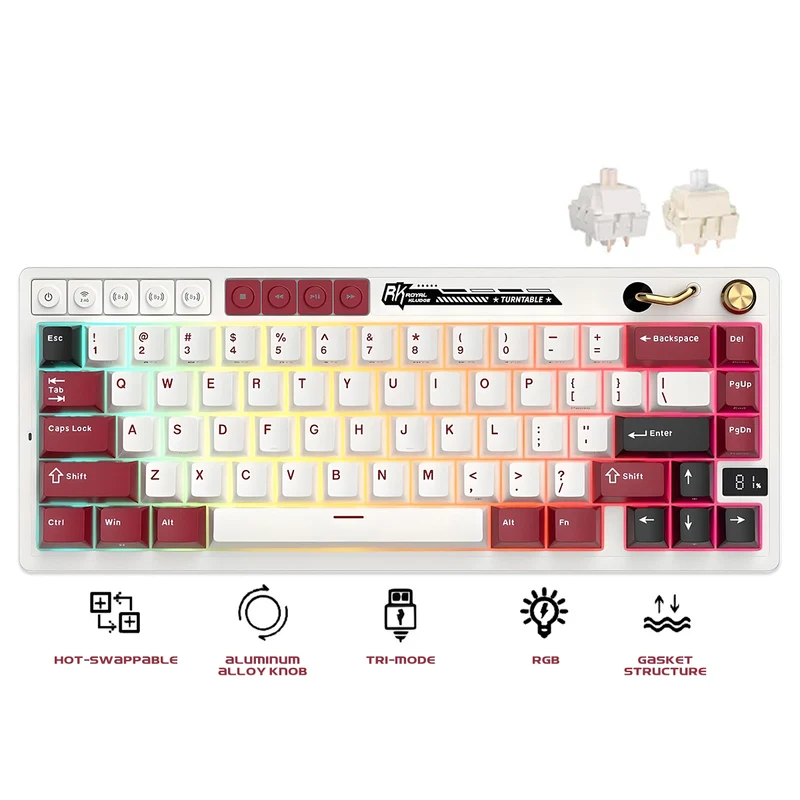 Royal Kludge RK M65 Tri-Mode RGB 66 Keys Hot-Swappable Mechanical Keyboard Famicom (Cream Switch, Beige Switch)