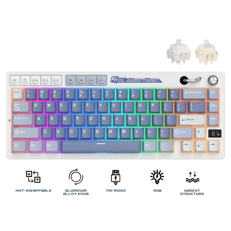 Royal Kludge RK M65 Tri-Mode RGB 66 Keys Hot-Swappable Mechanical Keyboard Ocean Blue (Cream Switch, Beige Switch)
