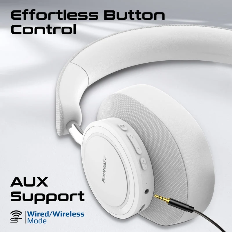 Promate Takt High Fidelity Over-Ear Stereo Wireless Headphones (Black, White)