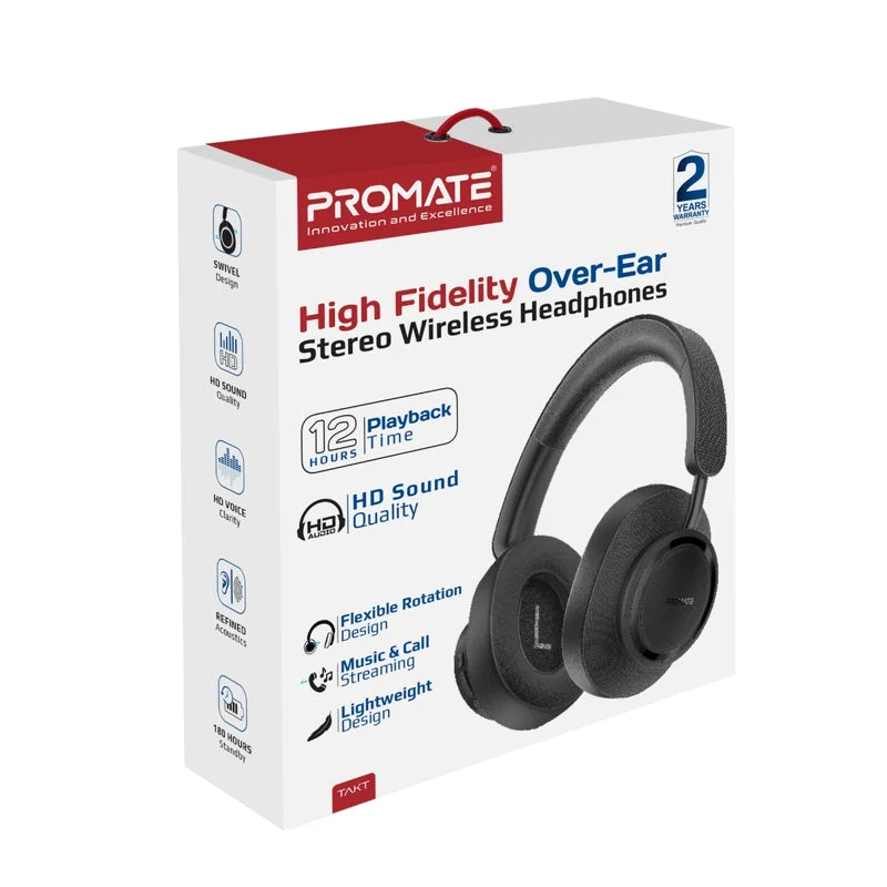 Promate Takt High Fidelity Over-Ear Stereo Wireless Headphones (Black, White)