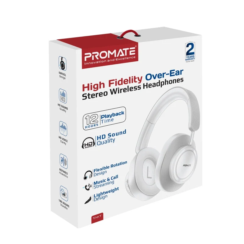 Promate Takt High Fidelity Over-Ear Stereo Wireless Headphones (Black, White)